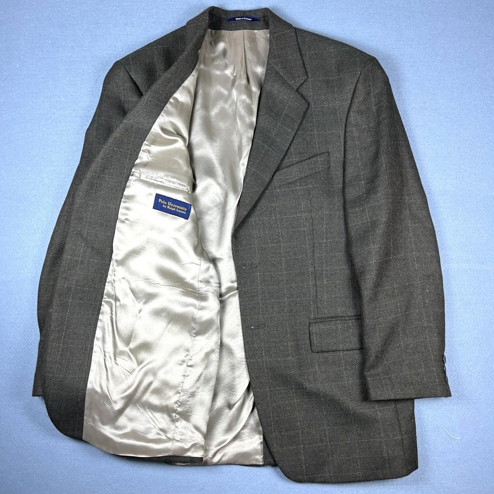 Polo University Ralph Lauren Mens 39R Brown Wool Windowpane Blazer Sport Coat